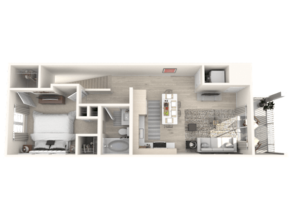 A 3D rendered image of a modern house layout.