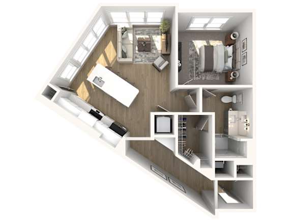 A 3D floor plan of a house with a kitchen, living room, and bedrooms.