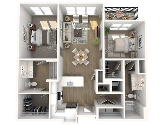 A 3D floor plan of a small apartment with a kitchen, living room, and bathroom.