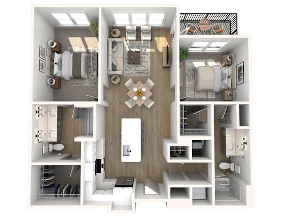A 3D floor plan of a modern apartment with a kitchen, living room, and bathroom.