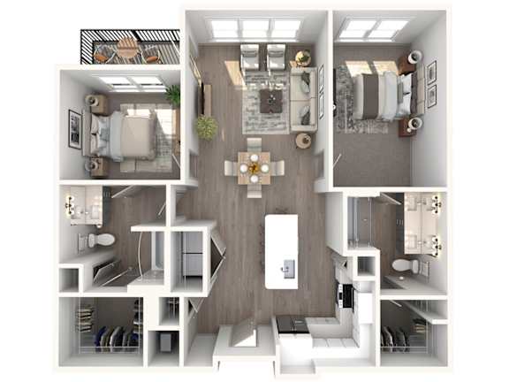 A 3D floor plan of a modern apartment with a kitchen, living room, and bathroom.
