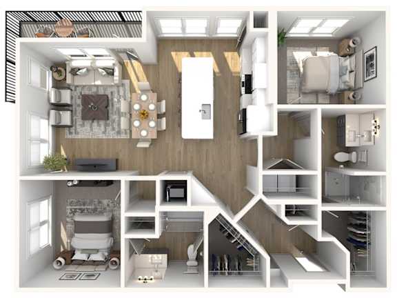 A 3D floor plan of a house with various rooms and furniture.