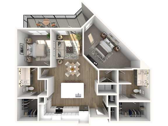 A 3D floor plan of a modern apartment with a kitchen, living room, and bedrooms.