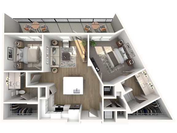 A 3D floor plan of a house showing a kitchen, living room, and two bedrooms.