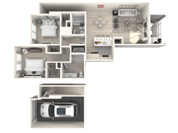 A 3D floor plan of an apartment with a car garage.