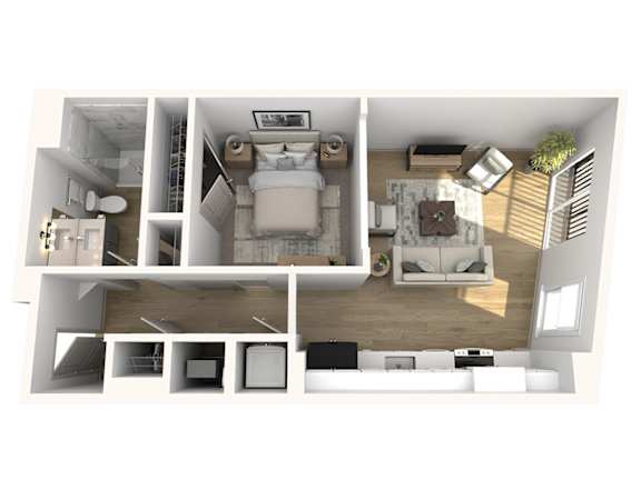 A 3D floor plan of a small apartment with a bedroom, living room, and kitchen.