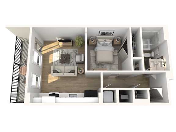 A top-down view of a modern, minimalist apartment with a living area, kitchen, and bedroom.