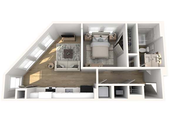 A top-down view of a modern, minimalist apartment with a kitchen, living room, and bedroom.