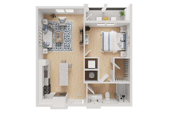 A 3D floor plan of a small apartment with a bathroom and kitchen.