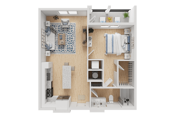 A 3D rendered image of a small apartment layout.