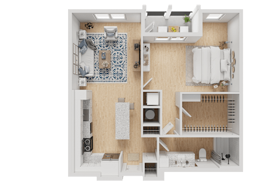 A 3D floor plan of a small apartment with a kitchen, living room, and bathroom.