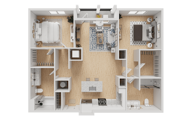 A detailed 3D floor plan of a house layout.