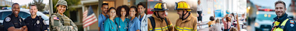 A collage of various professionals including police, military, medical staff, and firefighters.