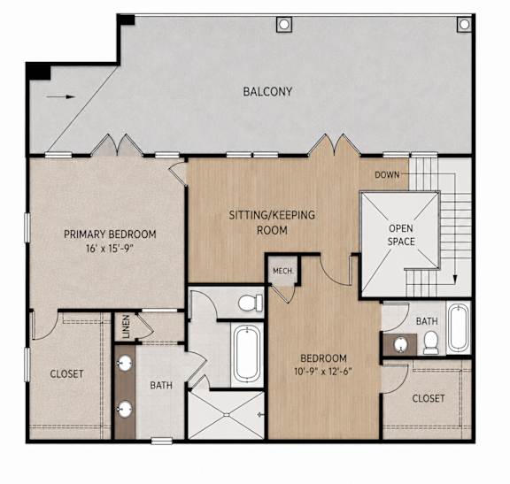 A floor plan of a home with a primary bedroom, sitting room, and bathroom.