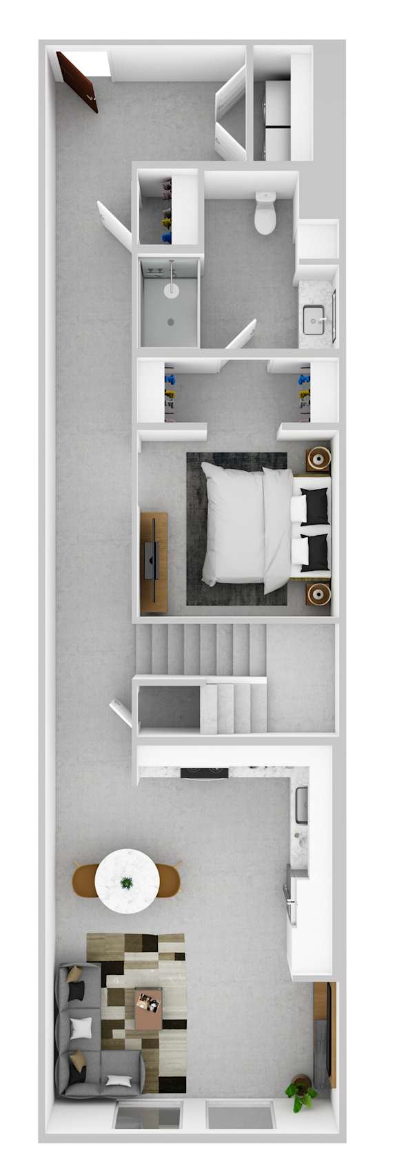 A floor plan of a small apartment with a kitchen, living room, and bedroom.