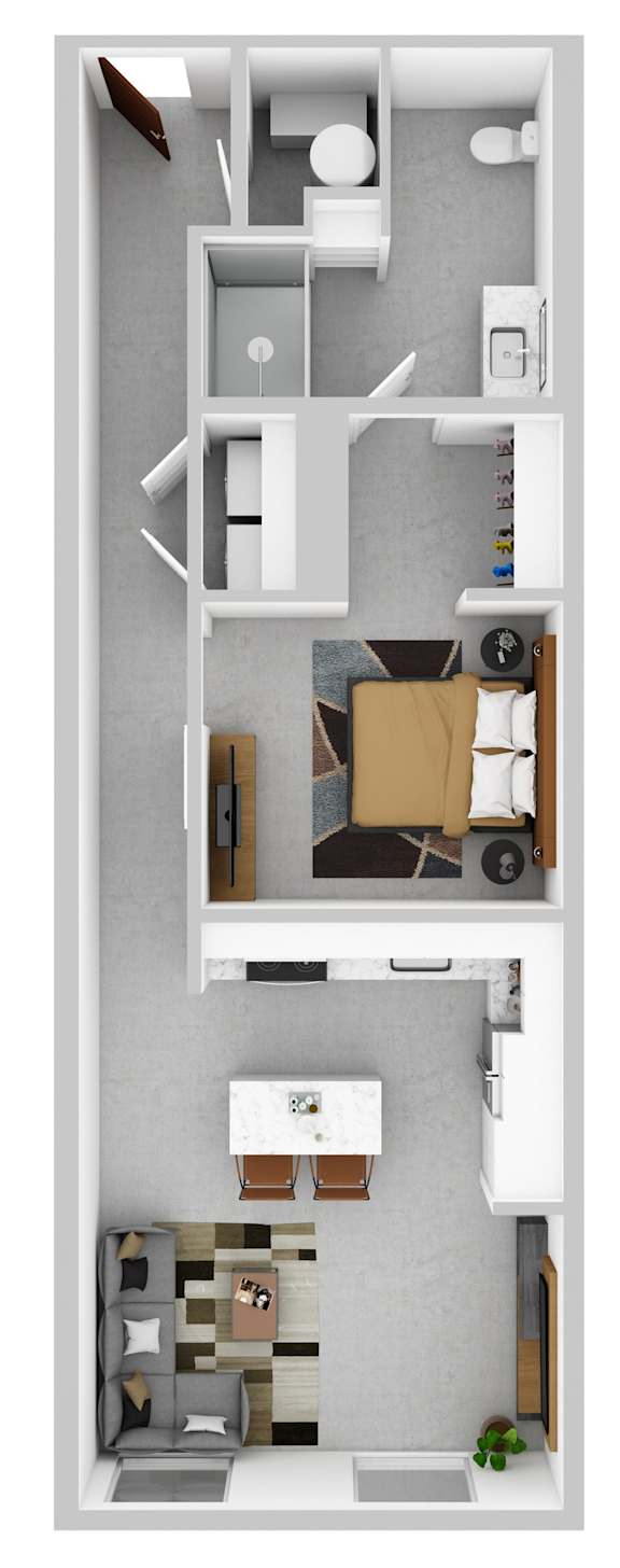 A floor plan of a small apartment with a kitchen, living room, and bathroom.