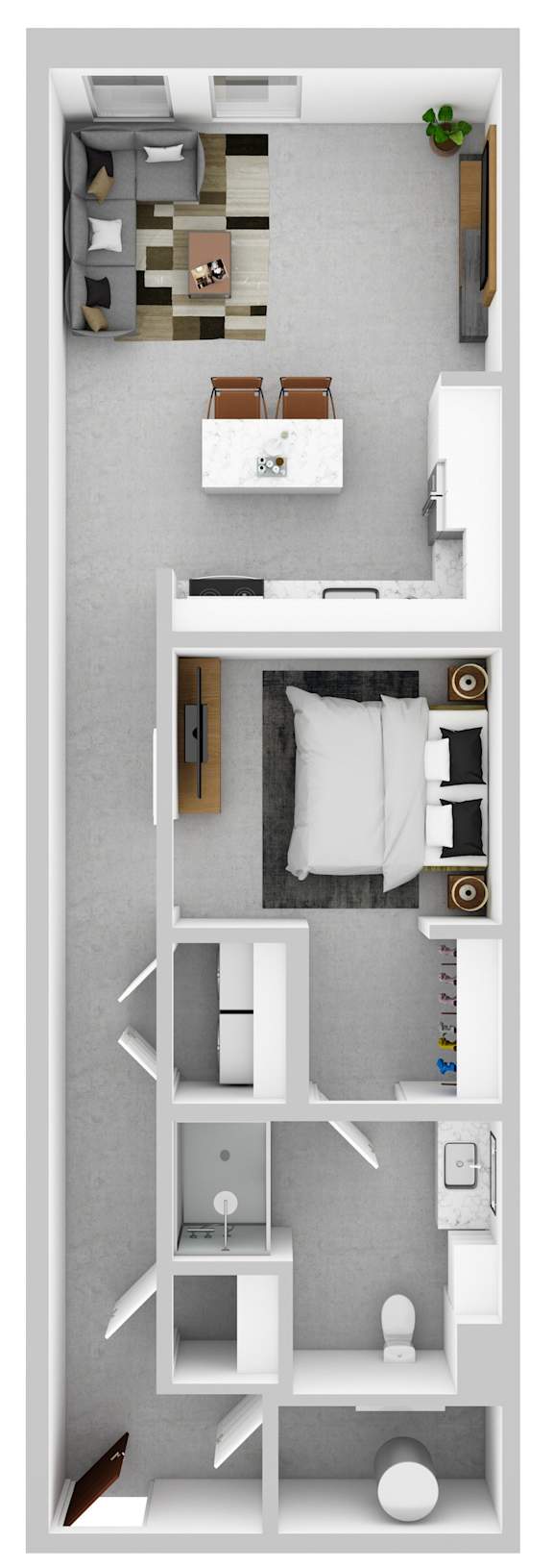 A small apartment with a bed, a desk, and a shelf.