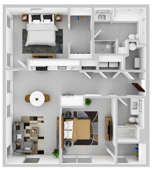 A top-down view of a small apartment with a bedroom, living room, and kitchen.