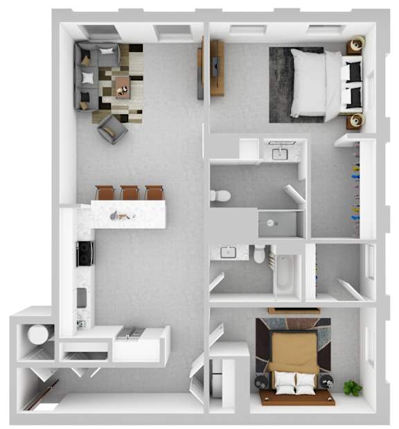 A 3D floor plan of a small apartment with a bedroom, living room, and kitchen.