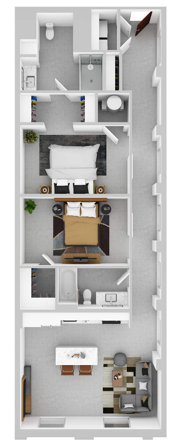 A floor plan of a two-bedroom apartment with a living room, kitchen, and bathroom.