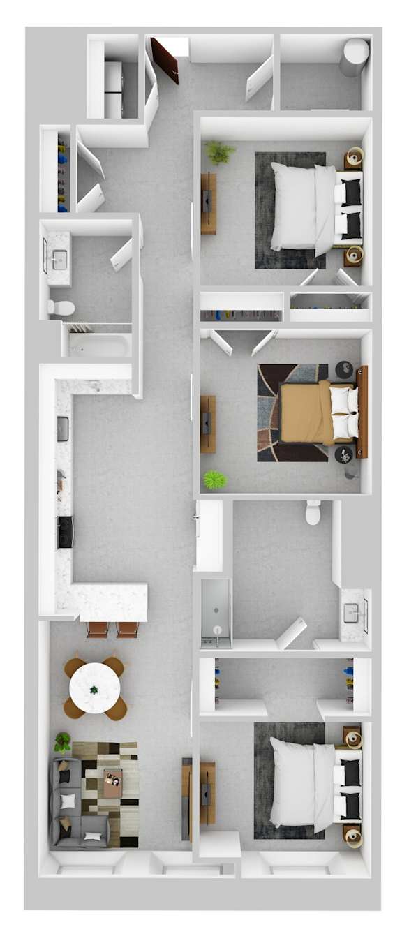 A floor plan of a small apartment with a kitchen, living room, and bathroom.