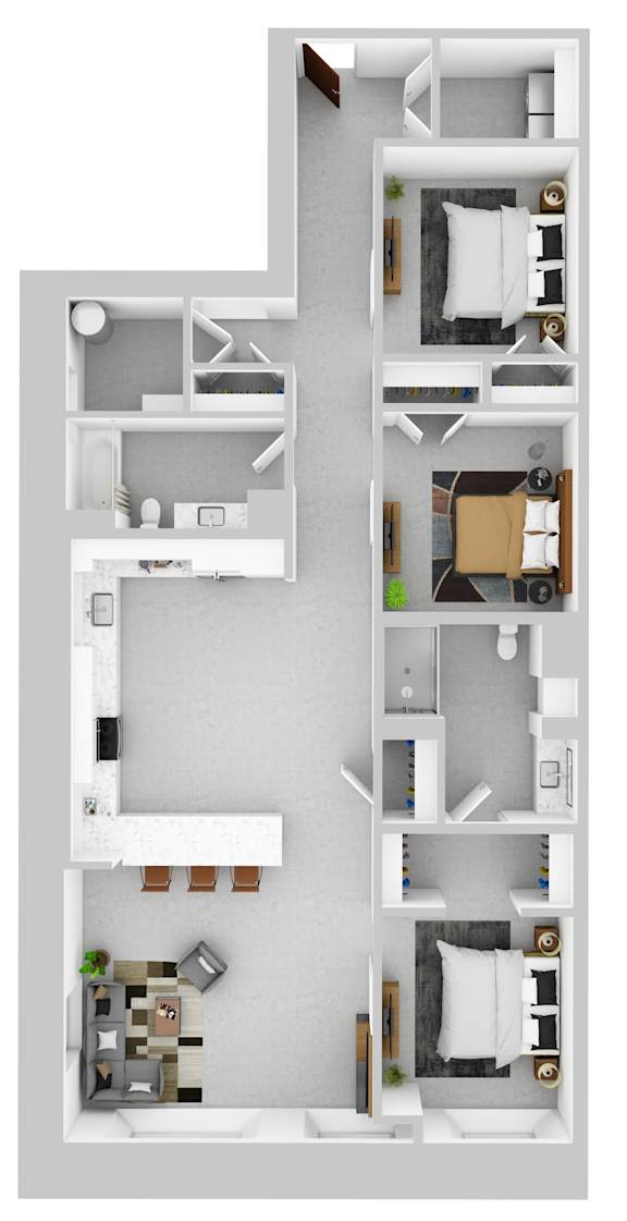 A floor plan of a house with a kitchen, living room, and bedrooms.
