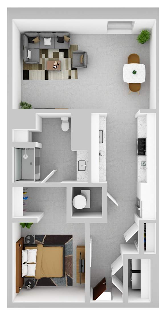A top-down view of a modern apartment layout with a kitchen, living room, and bedroom.