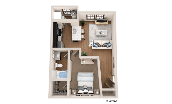 a 3d floor plan of a bedroom with a bathroom and a living room