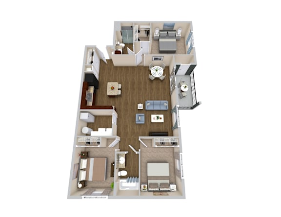 A top down view of a house with a living room, dining room, kitchen, and two bedrooms.