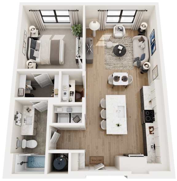 A top-down view of a small, neatly organized apartment with a kitchen, living room, and bathroom.