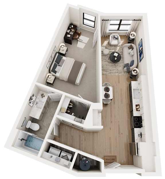 A top-down view of a small apartment with a kitchen, living room, and bathroom.