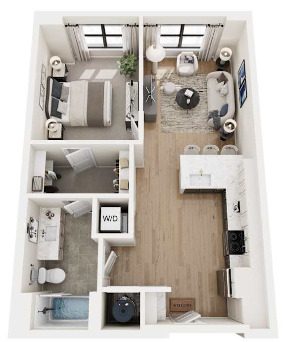 A floor plan of a house with a living room, dining room, kitchen, and bathrooms.