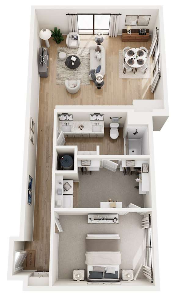 A top-down view of a small apartment with a kitchen, living room, and bedroom.