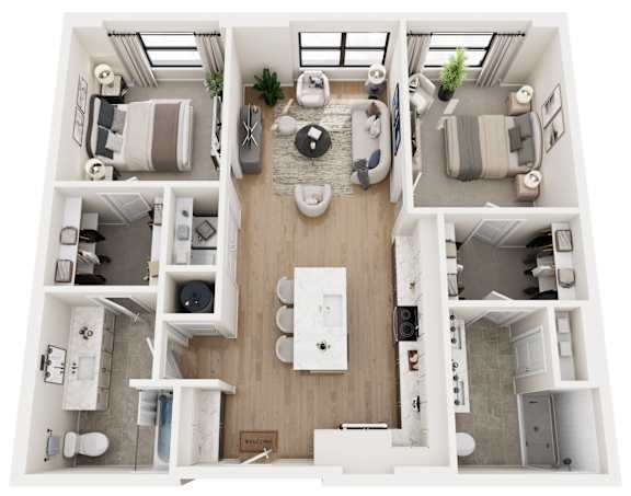 A top-down view of a modern, minimalist apartment layout.