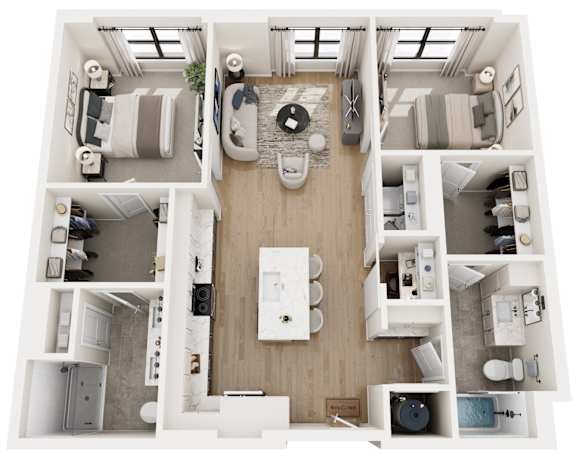 A top-down view of a small apartment layout with a kitchen, living room, and bathroom.