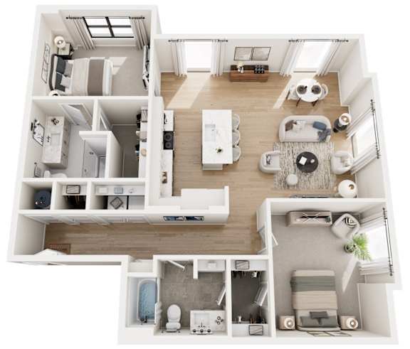 A top-down view of a modern apartment layout.
