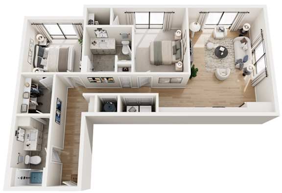 A top-down view of a small apartment with a kitchen, living room, and bathroom.