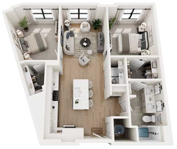 A top-down view of a modern apartment layout with a living room, kitchen, dining area, and bedrooms.