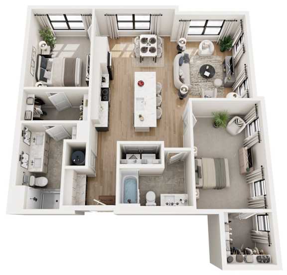 A top-down view of a modern apartment layout.