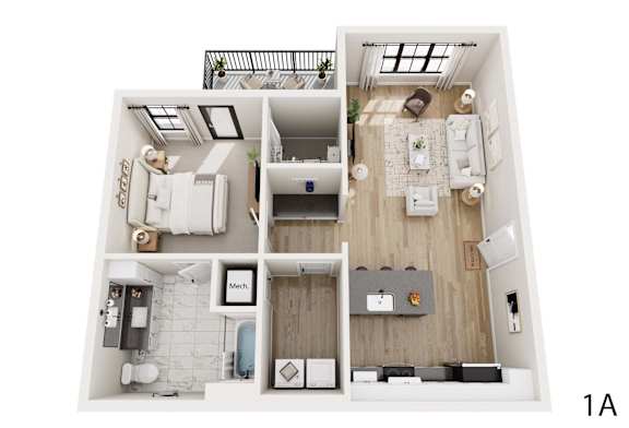 A top down view of a small apartment with a kitchen, living room, and bathroom.