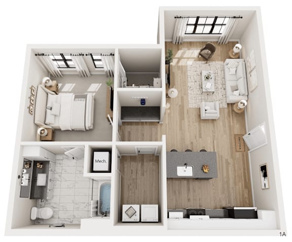 A floor plan of a modern apartment with a kitchen, living room, and bathroom.