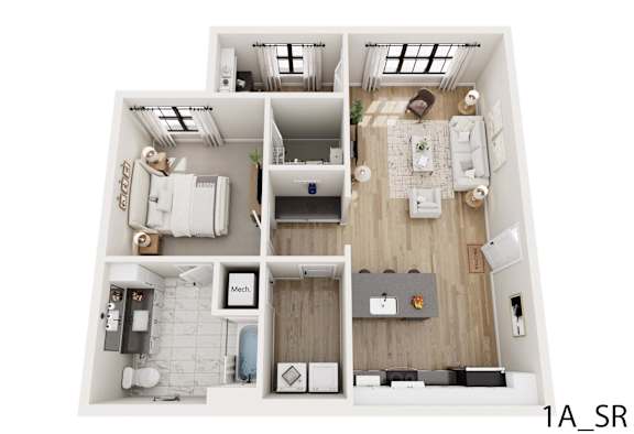 A floor plan of a small apartment with a kitchen, living room, and bathroom.