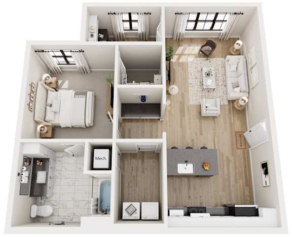 A floor plan of a house with a kitchen, living room, and bathroom.
