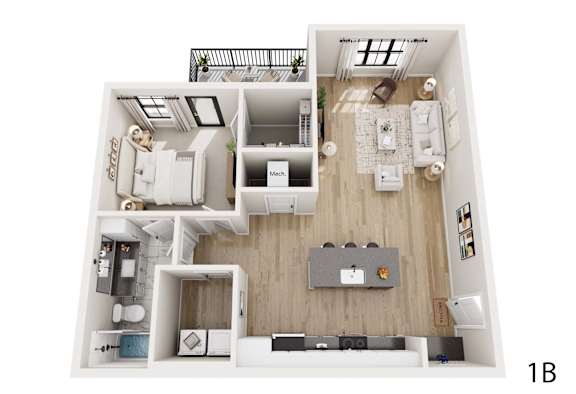 A top down view of a 1 bedroom apartment.