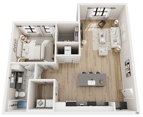 A top-down view of a modern apartment layout with a kitchen, living room, and bathroom.