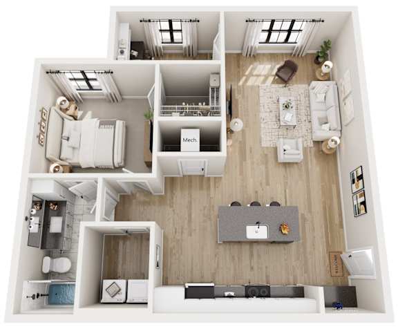 A top-down view of a modern apartment layout with a kitchen, living room, and bathroom.