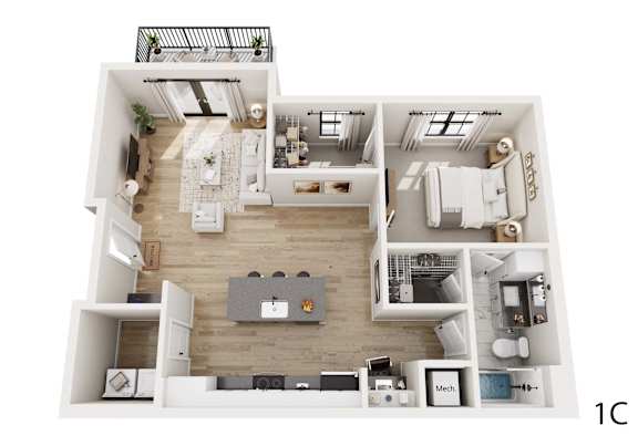 A top-down view of a small apartment with a kitchen, living room, and bedroom.