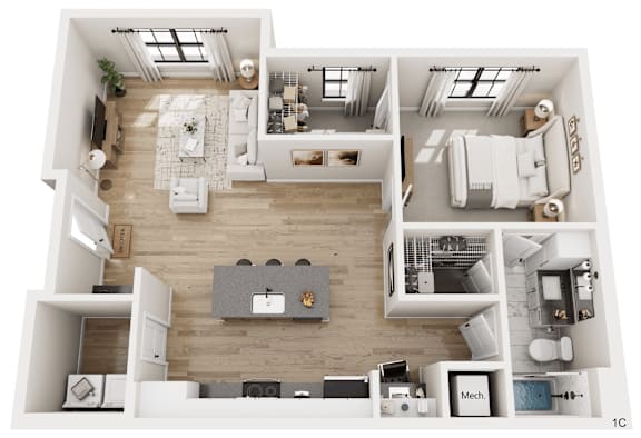 A top-down view of a modern, well-organized apartment with a kitchen, living room, and bathroom.