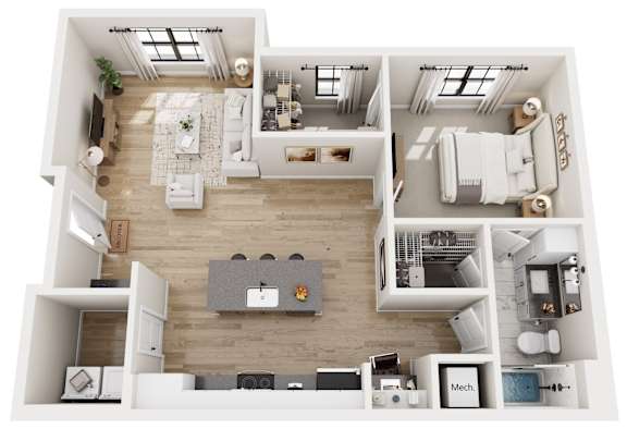 A top-down view of a modern, well-organized apartment with a kitchen, living room, and bathroom.