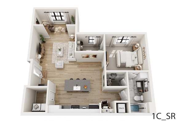 A top-down view of a small apartment layout with a kitchen, living room, and bedrooms.